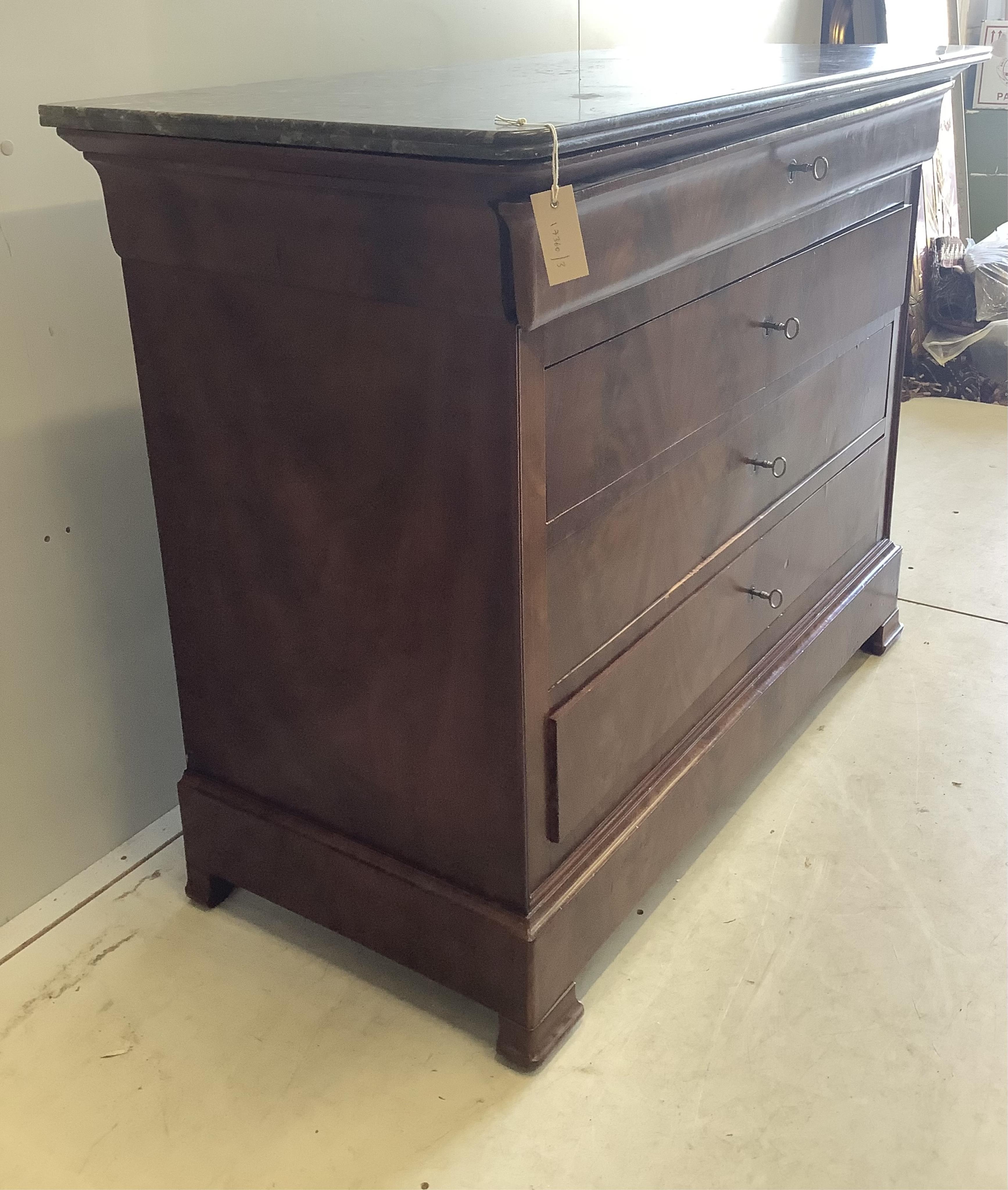 A 19th century French mahogany marble top commode, width 120cm, depth 57cm, height 95cm. Condition - good